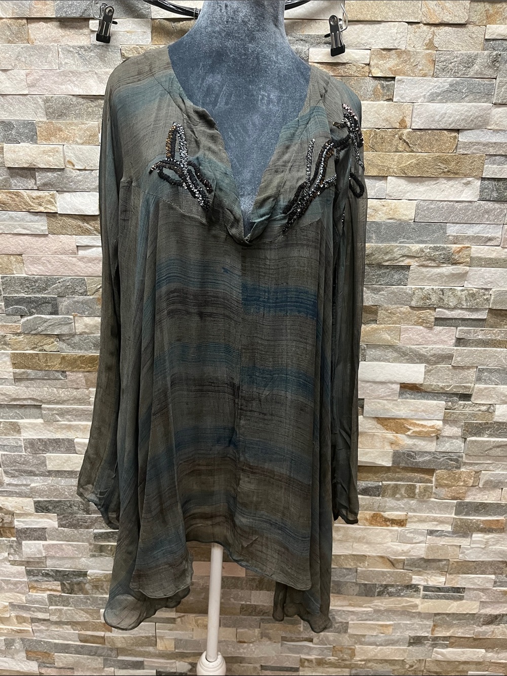 Saivana Olive and Blue-Green Sheer Beaded V-Neck Tunic